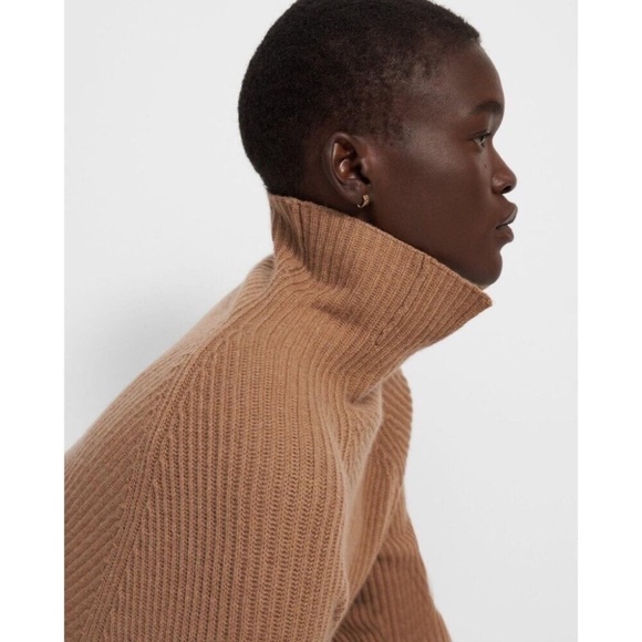 THEORY 100% Cashmere Moving Rib Turtleneck Sweater in Soft Camel Beige - Picture 5 of 13